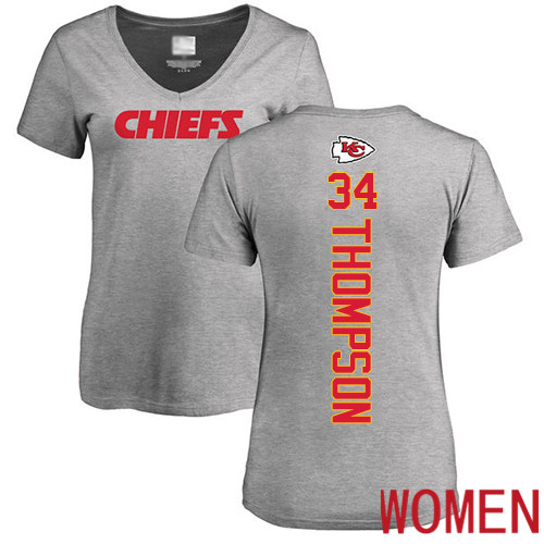 Women Football Kansas City Chiefs #34 Thompson Darwin Ash Backer V-Neck T-Shirt
